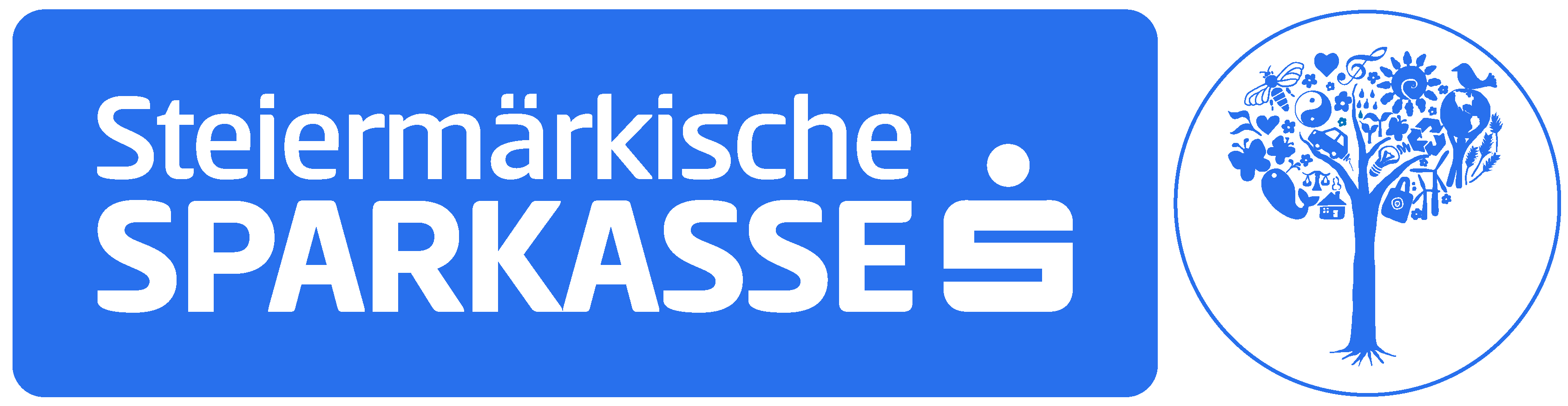 Logo der steiermärksichen Sparkasse mit einem Icon eines Baumes mit vielen Symbolen aus dem Bereich Natur und Frieden.