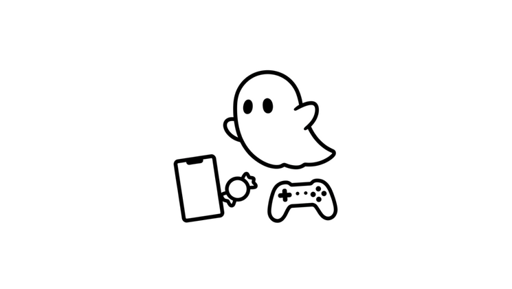 Ein Geist-Icon schwebt neben einem Handy, einem Zuckerl und einem Controller.